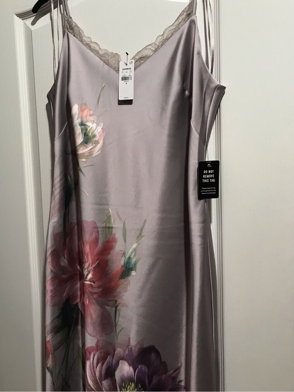 Express Lilac Satin Slip Dress with Floral Print Accents